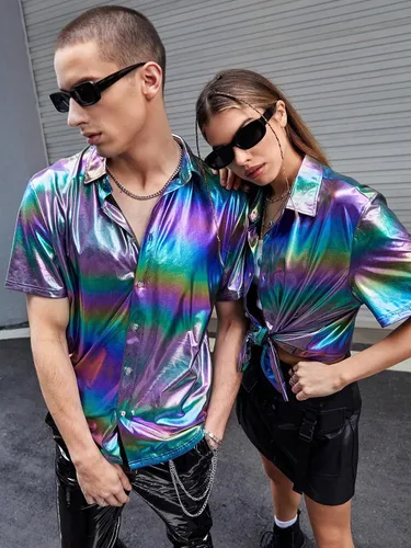 Vista 3 de WDIRARA Camisa metálica de manga corta con cuello y botones metálicos para hombre