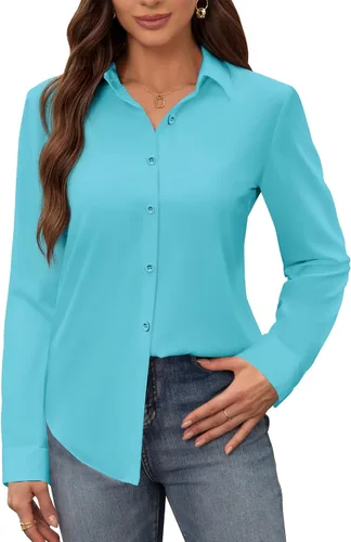 Vista 26 de Siliteelon - Camisas de vestir para mujer, a prueba de manchas, sin arrugas, de manga larga, sólidas, para trabajo y negocios, con botones