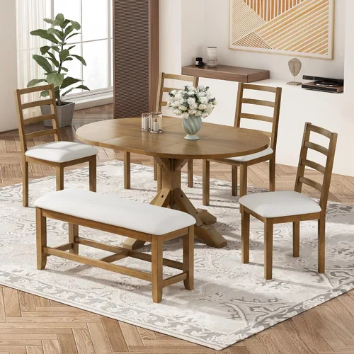 Vista 14 de JIVOIT Farmhouse 6 Piece Dining Table Set, Counter Height Table Set with 4 Chairs and a Bench, Rubber Wood Expandable Bar Table Set with Rivet Gris-3