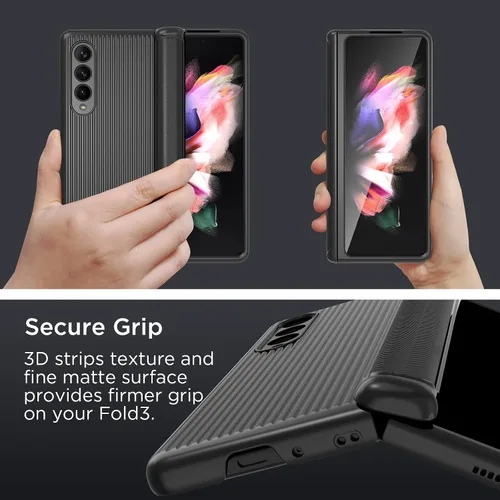 Vista 3 de MAKAVO Funda para Samsung Galaxy Z Fold 3 5G con protección de bisagra, protector de pantalla de vidrio templado integrado, ajuste delgado 3D Negro