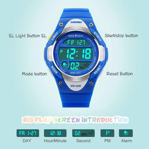 Vista 3 de Reloj digital deportivo para niños y niñas, resistente al agua, relojes electrónicos con alarma LED, cronómetro