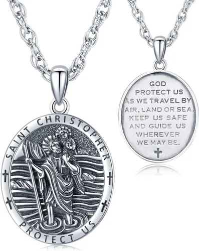 Vista 13 de Aniu 925 Sterling Silver Saint Medal Necklace Religious Amulet Jewelry Gift Concha de abulón - Redondo - Collar de San Cristóbal - H