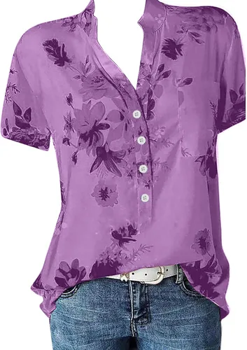 Vista 4 de MRGIINRI Womens Tops 2023 Button Down Summer Fashion Floral Blouse Dressy Casual Short Sleeve Loose Fit Shirts with Pockets