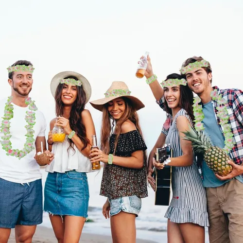 Vista 7 de Mowane 48 piezas de Leis hawaianos gruesos a granel, flores tropicales, 12 diademas, 24 pulseras, 12 collares florales para suministros de fiesta