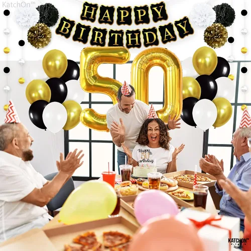 Vista 2 de KatchOn, Juego de decoración de feliz cumpleaños número 50, paquete de 48, globos dorados del número 50 de 40 pulgadas, pancarta de feliz cumpleaños