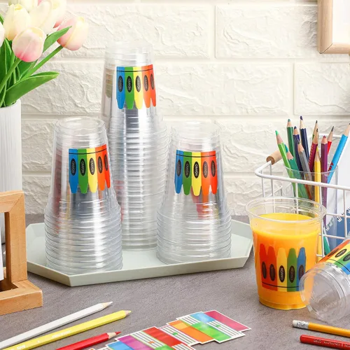 Vista 5 de Funnymoom 100 vasos de plástico de 12 onzas para el regreso a clases, vasos de crayón a granel, vasos desechables para el primer día de escuela
