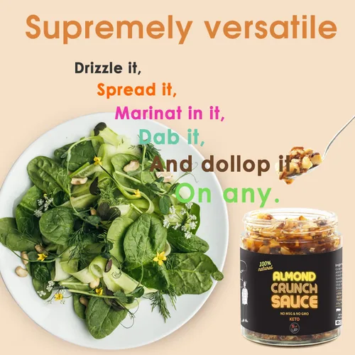 Vista 5 de Salsa crujiente de almendras SAUCE UP Espesa, salada y nuez con trozos de almendra tostada Vegana, apta para dieta cetogénica, sin gluten, sin