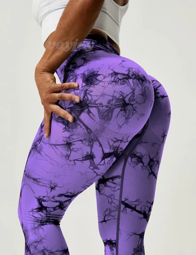 Vista 4 de VOYJOY - Leggings sin costuras de teñido anudado para mujer, pantalones de yoga de cintura alta, mallas elásticas con levantamiento de glúteos