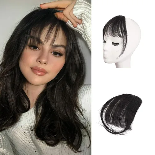 Vista 18 de BARSDAR Flequillo postizo de pelo humano real - Flequillo postizo 100% pelo humano para mujeres - Extensiones de flequillo ondulado castaño rojizo