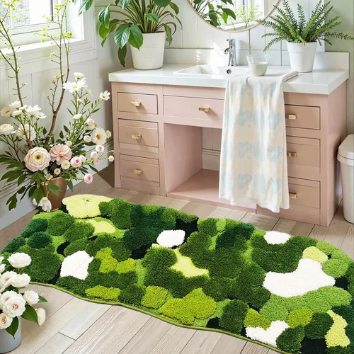 Vista 8 de Hifuwan Lindas Alfombras de Baño de Musgo Verde Shag, Tapetes de Baño de Hojas para Decoración de Baño Estética, Hojas Suaves Antideslizantes