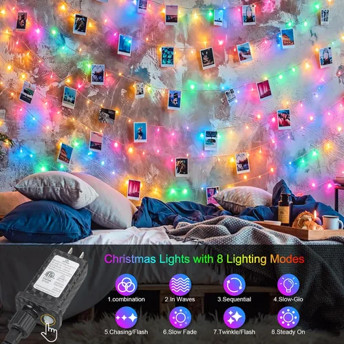 Vista 3 de Luces de Navidad de 100 pies con 300 LED enchufables, luces de hadas impermeables para exteriores e interiores con temporizador y 8 modos, luces