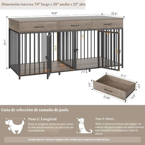 Vista 4 de HOSTACK Mueble doble para perros, perrera de 71 pulgadas de ancho para interiores con 3 cajones, jaula de granja para perros para 2 perros Gris