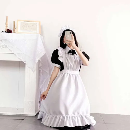 Vista 6 de Vestidos de sirvienta francesa para mujer, talla grande, anime, cosplay, fiesta, uniforme de juego de rol, trajes de lolita, delantal, vestido