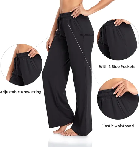 Vista 5 de ADANIKI Pantalones deportivos para mujer, pantalones de yoga con bolsillos para mujer, pijamas de trabajo, pantalones de pierna ancha con cordón