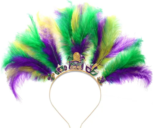 Vista 28 de YAHPERN Diademas de Mardi Gras para mujer, máscara de flor de lis, diadema de plumas de carnaval, accesorios para el cabello, regalos