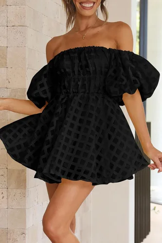 Vista 5 de PRETTYGARDEN Vestido babydoll con hombros descubiertos para mujer, manga corta abombada, casual, acampanado, con volantes, vestidos de verano
