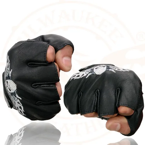 Vista 5 de Milwaukee Leather SH353 - Guantes de mano para motocicleta sin dedos acolchados de gel de cuero negro con calavera y huesos bordados