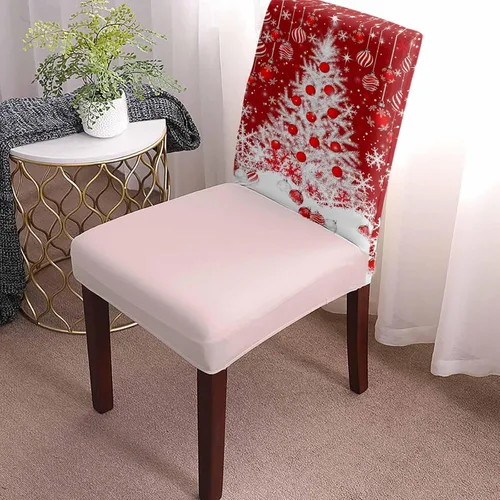 Vista 7 de Savannan - Juego de 4 fundas para sillas de árbol de Navidad, bolas de copos de nieve de color rojo invierno, fundas elásticas para sillas Parsons