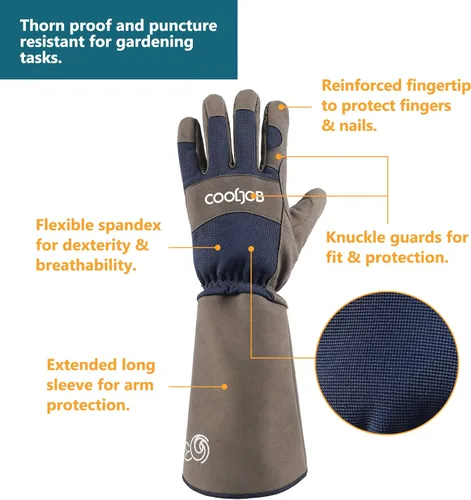 Vista 3 de COOLJOB Guantes de jardín para poda de rosas a prueba de espinas para hombres, guantes de manga larga acolchados para trabajo de jardín