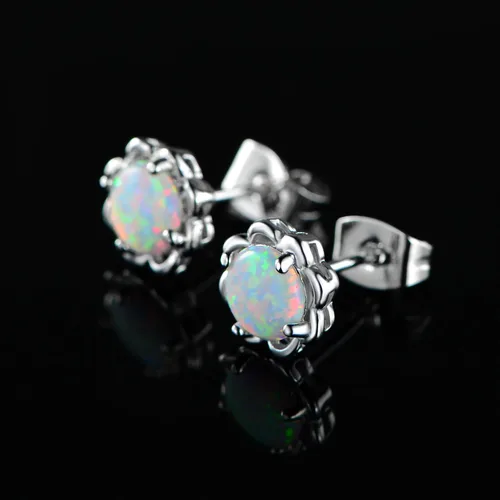Vista 7 de Pendientes de tuerca chapados en oro blanco con ópalo de flores hipoalergénicos, regalo de joyería para mujer, Latón Gema, Piedra natal de ópalo