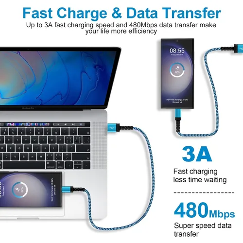 Vista 2 de Cable de carga USB C de 3A de carga rápida, [2 unidades, 6 pies] cable trenzado USB-A a tipo C para iPhone 15 Pro Max Plus, Samsung Galaxy A14 A54