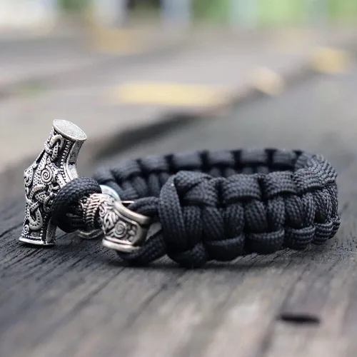 Vista 3 de Pulsera de martillo de Thor vikingo, cuerda de supervivencia Valknut Dragón Fenrir Medallón Mjolnir, Martillo de Thor, Serpiente Ouroboros