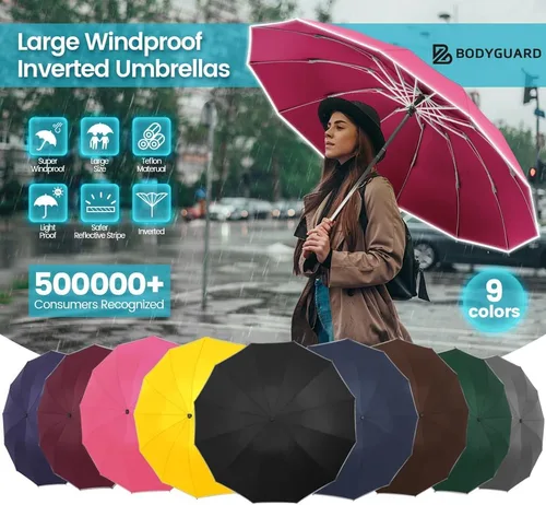 Vista 8 de Bodyguard Inverted Umbrella, Large Windproof Umbrellas for Rain & Sun, Compact Umbrella Reverse Umbrella with Reflective Stripe, Teflon Umbrella for