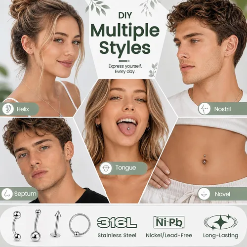 Vista 6 de A-minusone Kit de 84 piezas de piercing corporal, agujas y joyas de 14G