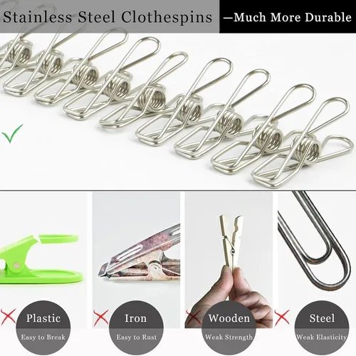 Vista 4 de JDYOOMI Paquete de 2 perchas de acero inoxidable para secar ropa a prueba de viento con 20 clips para secar calcetines, toallas, pañales