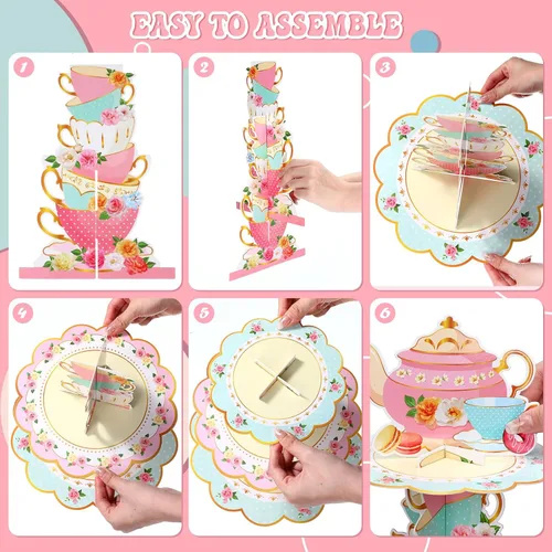 Vista 3 de Zopeal 2 piezas de decoración floral para cupcakes de fiesta de té de 3 niveles, soporte floral para cupcakes, torre de postre de cumpleaños floral