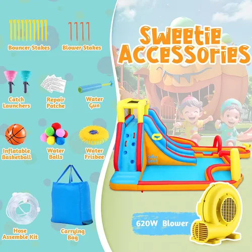 Vista 4 de AKEYDIY Tobogán acuático inflable de doble carril, tobogán acuático de rebote para niños de 3 a 12 años, parque acuático con tobogán de carreras