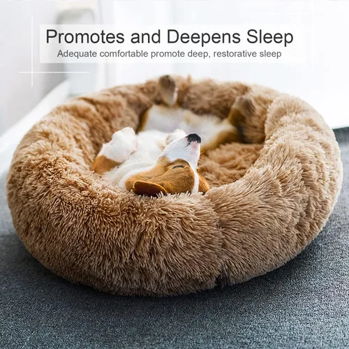 Vista 5 de Cama para perros, cama calmante para gatos, cama de felpa de piel sintética con forma de rosquilla para mascotas, cama redonda para perros y gatos