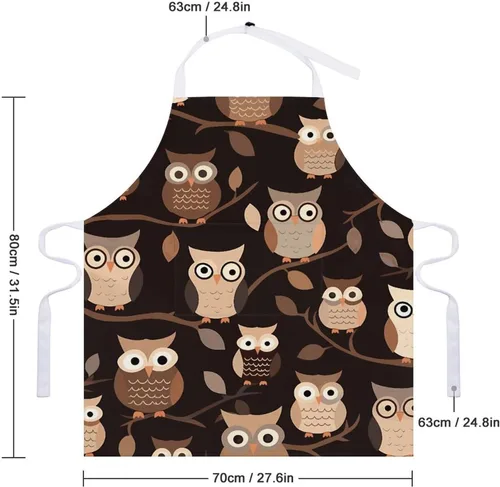 Vista 2 de MUSM Cute Brown Cartoon Owls Apron，Classic Vintage Funny with Pockets Aprons,Adjustable Bib Waterdrop Resistant for Kitchen Cooking Restaurant BBQ