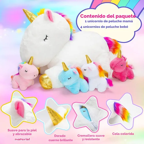 Vista 2 de KMUYSL Juguetes para Niñas de 0 1 2 3 4 5 6 7 8+ Años – Animal de Peluche de Unicornio Mamá con 4 Bebés Unicornios en su Barriguita, Set de Juguetes