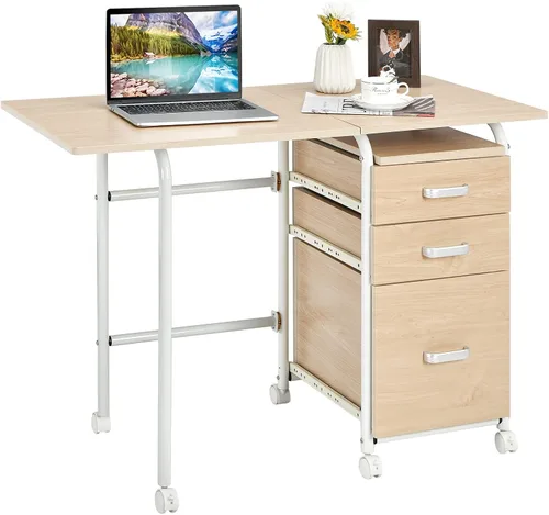 Vista 10 de Tangkula Escritorio plegable para computadora con 3 cajones de almacenamiento, escritorio de oficina en casa móvil, escritorio de estudio con ruedas