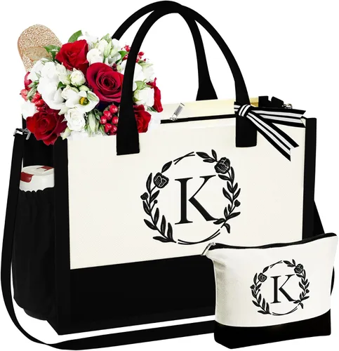 Vista 15 de YOOLIFE Bolsa de lona con inicial, bolsa de playa, bolsa de maquillaje con cremallera, regalos personalizados para madres, amigas, regalos