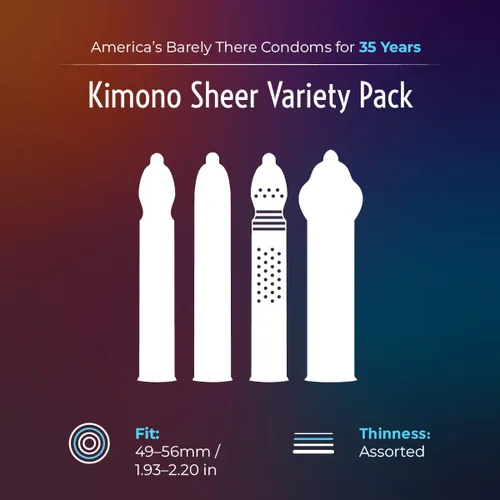 Vista 3 de Kimono MicroThin - Preservativos de látex transparente, paquete de 12 Múltiples formas ultrafinas y diseños únicos, sensibilidad mejorada, apto
