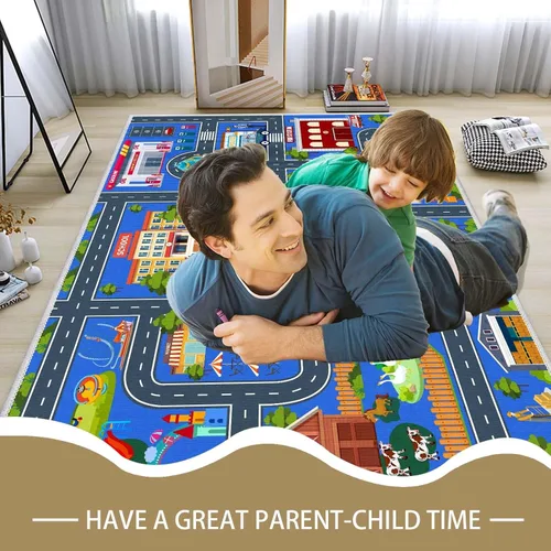 Vista 4 de Alfombra de coche de carretera para niños, 31 x 47 pulgadas, alfombra de pista de carreras de ciudad, alfombra de carreras para niños, alfombra