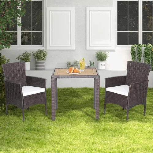 Vista 4 de COSTWAY Juego de comedor de mimbre para patio, mesa de madera de acacia con sillas acolchadas para jardín