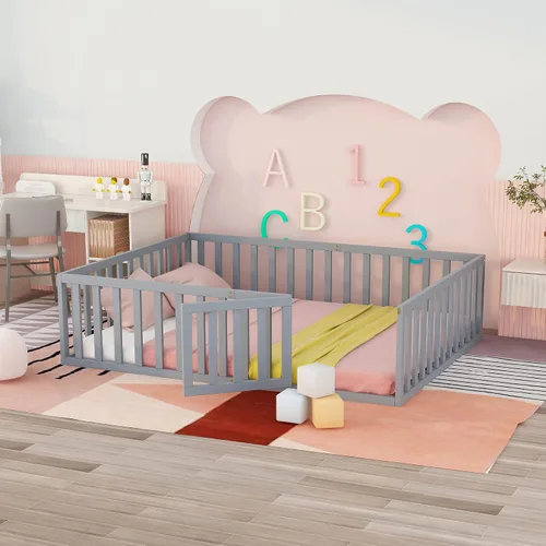 Vista 10 de Harper & Bright Designs Cama Montessori doble con valla y puertas, marco de cama de piso para espacios pequeños, sin rejas, gris