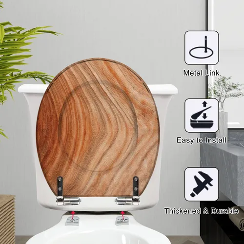 Vista 4 de Asiento de inodoro redondo con hermoso plato de madera de cedro, asiento de inodoro de resina con tapa de cierre silencioso lento con bisagras