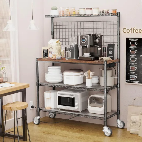 Vista 4 de Leteuke Estante para panaderos con toma de corriente y almacenamiento, soporte para microondas de 36 pulgadas, carrito de cocina de metal de 4 Negro