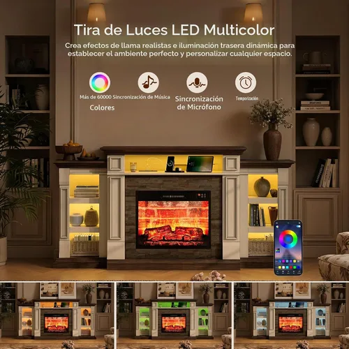 Vista 4 de Soporte de TV con chimenea de 72 pulgadas con toma de corriente y LED, chimenea eléctrica con repisa, centro de entretenimiento con almacenamiento
