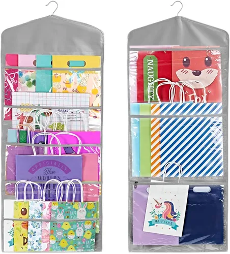 Vista 8 de Bolsa de regalo y almacenamiento de papel de seda, organizador colgante con múltiples bolsillos delanteros y traseros de doble cara, organiza papel