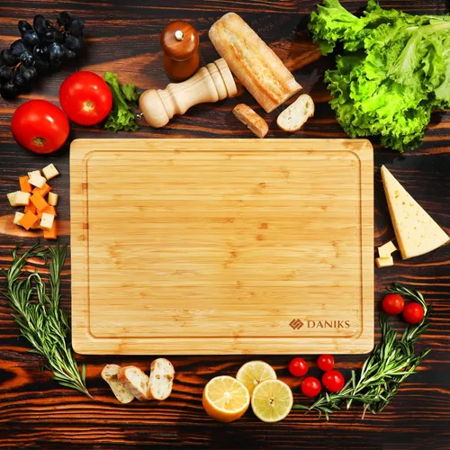Vista 9 de Daniks Juego de 2 tablas de cortar de bambú con ranura para jugos, XL de 16 x 12 pulgadas y 13 x 9 pulgadas de largo, tablas de cortar para cocina