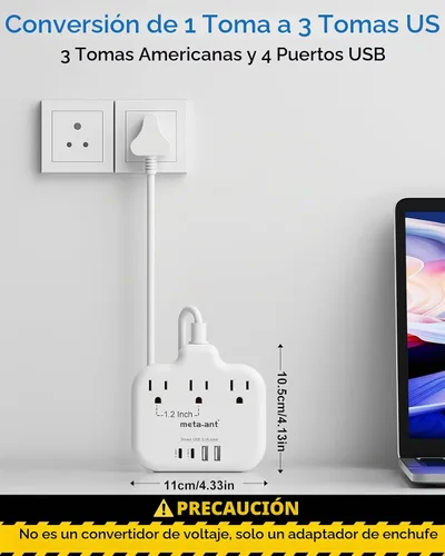 Vista 3 de Adaptador de Enchufe de Sudáfrica, Adaptador Tipo M para Sudáfrica con 3 Tomas de CA y 4 Puertos USB (2 USB C) 15.5W, Cable de Extensión de 3FT