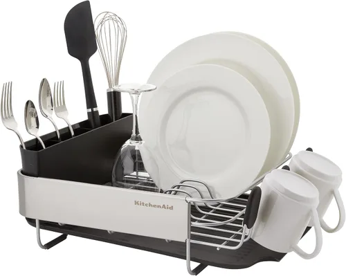 Vista 3 de KitchenAid Escurridor de platos compacto, que ahorra espacio, resistente al óxido con organizador de cubiertos extraíble y bandeja de escurrido Negro