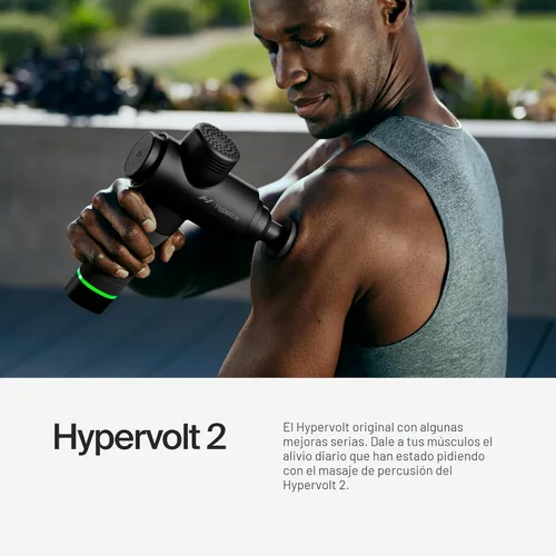 Vista 2 de Hyperice Hypervolt 2 Black - Con tecnología Quiet Glide, pistola de masaje de percusión de mano 3 velocidades, 5 cabezales intercambiables Ayuda