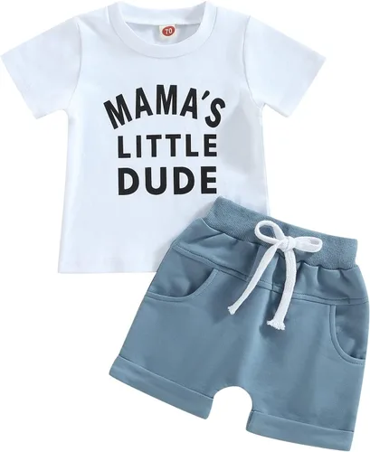 Vista 46 de Conjunto de traje de verano para bebé niño pequeño, manga corta, cuello redondo, letras impresas, lindo traje de verano, conjunto de 2 piezas