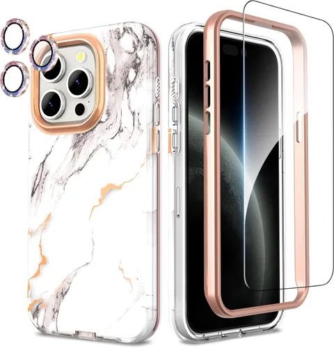 Vista 10 de SHEDEER Funda para iPhone 15 Pro con protector de cámara con purpurina y protector de pantalla, patrón elegante y antiamarillamiento, protección